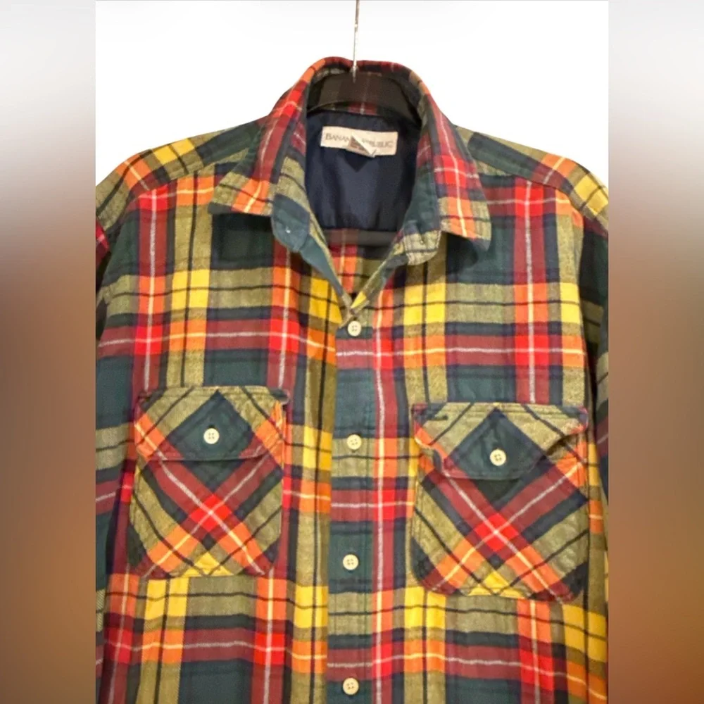 vintage Banana Republic red, yellow, and green plaid flannel shirt. - Picture 2 of 4